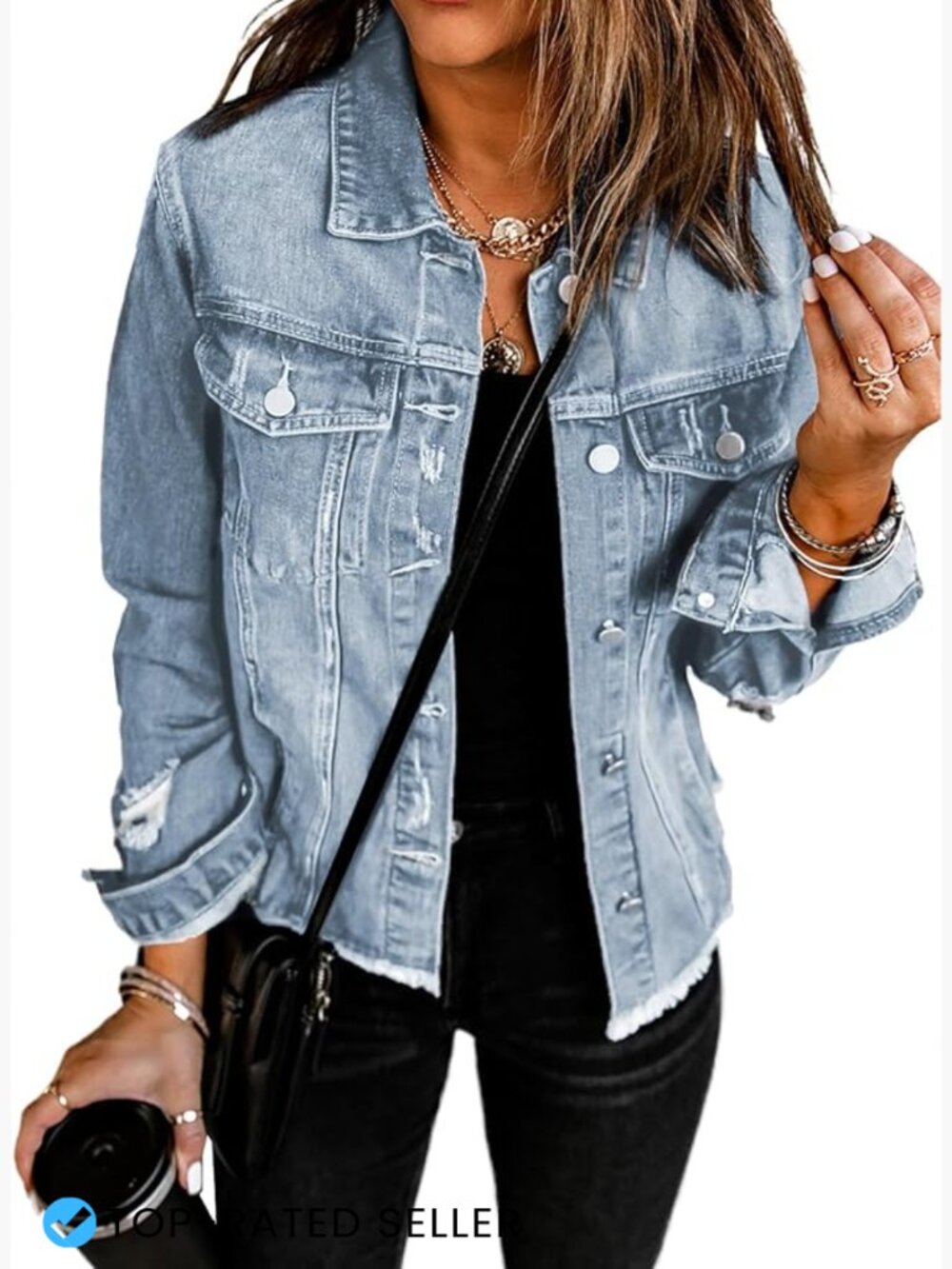 Womens Cropped Denim Jacket Distressed Boyfriend Fit Fringes Casual